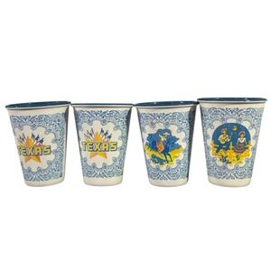 Vintage 4 piece Texas Melamine cups Western Cowboy Paisley Blue White‎ New